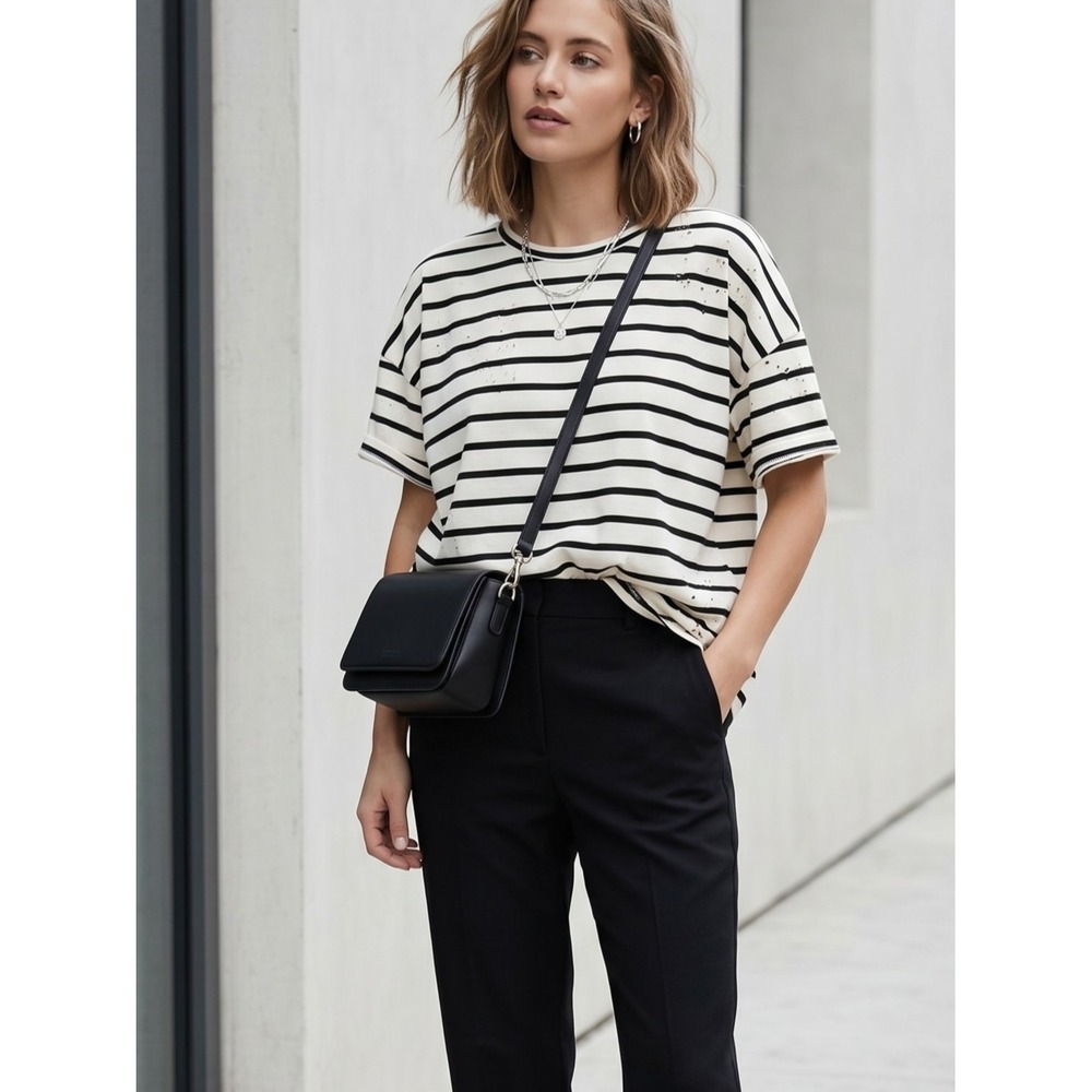 Current/Elliott The Roadie Striped Distressed T-Shirt Tee NWT Size 0 1 $128